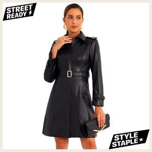 Faux Leather Trench Coat with Belt, Lapel Collar, Slim Fit, Zipper Front